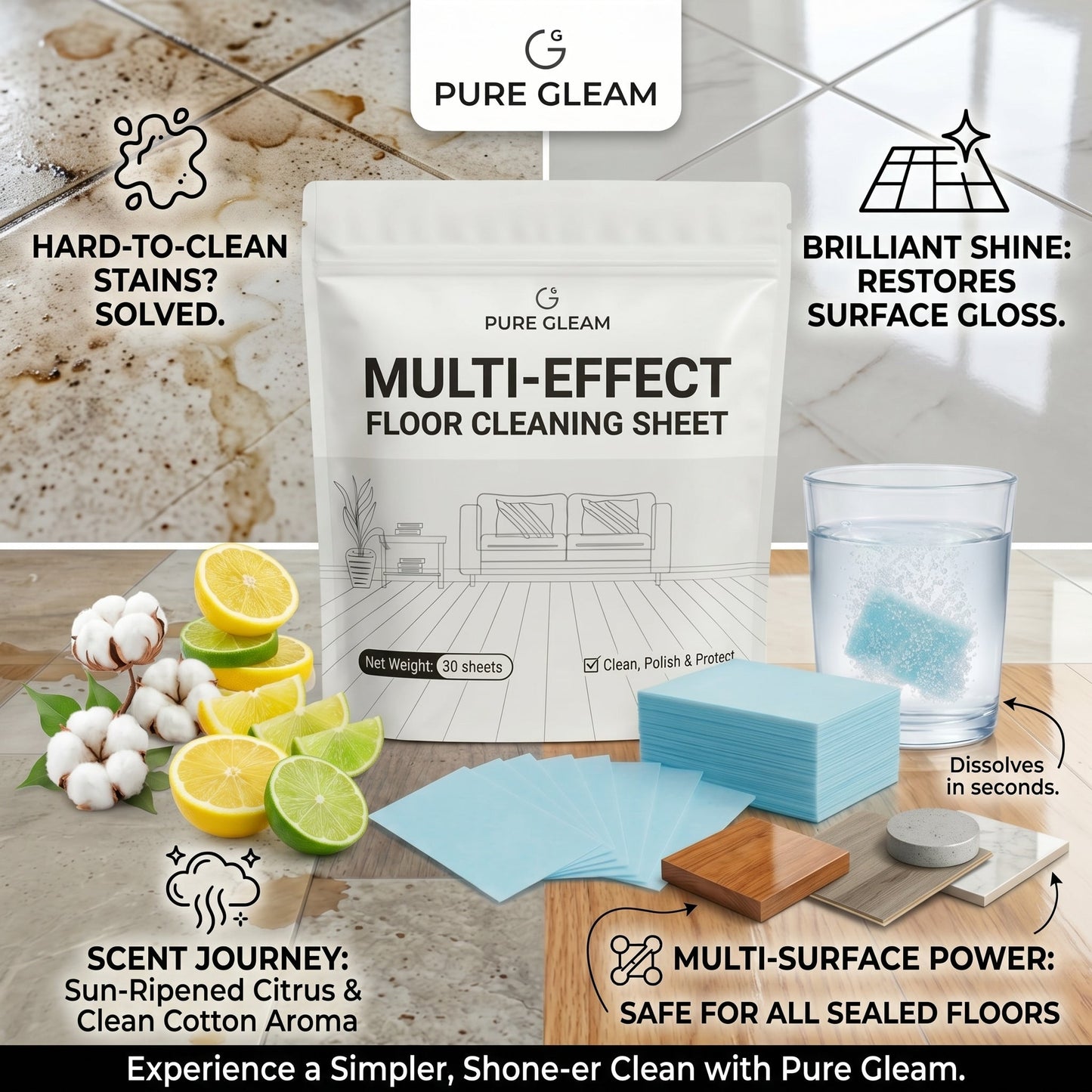 Multiple Effect The Floor Clean Tablets for Mopping, Quick Shine Cleaner